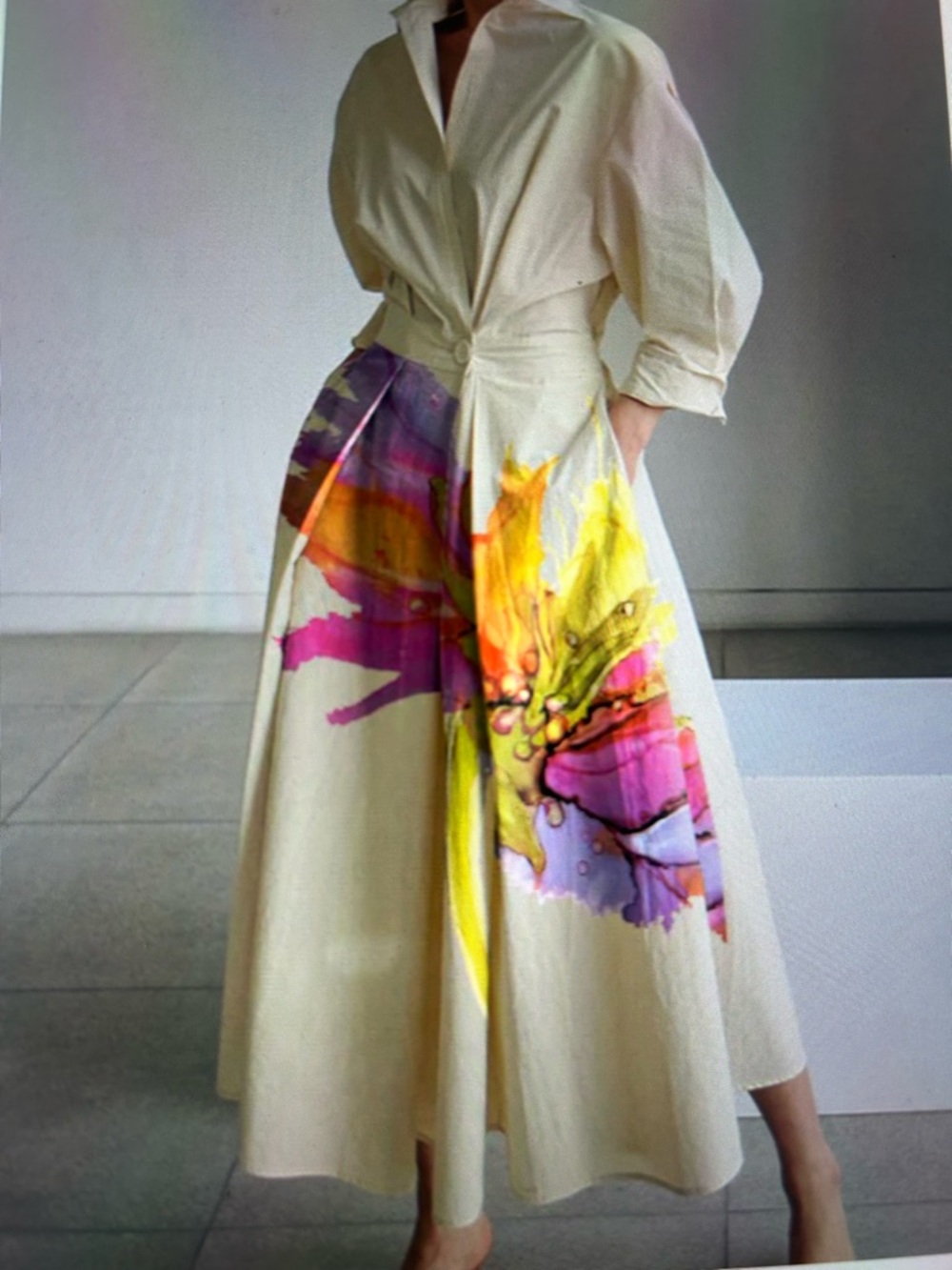 Uoozee Cream Midi Shirt Dress with Pink & Orange Watercolor Print